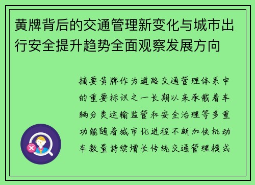 黄牌背后的交通管理新变化与城市出行安全提升趋势全面观察发展方向